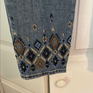 Chico's Blue Ankle Cropped Jeans with Embellished Hem